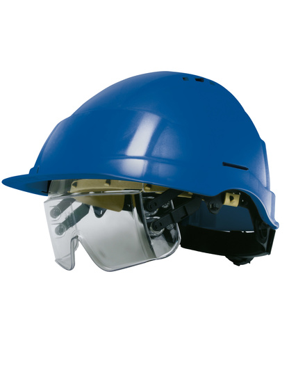 CASQUE CHANTIER IRIS BLEU A.B.S LUNETTES INTEGREES + SERRAGE CREMAILLERE