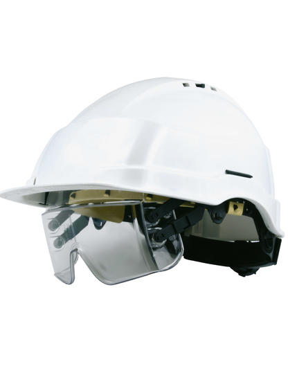 CASQUE CHANTIER IRIS BLANC A.B.S LUNETTES INTEGREES + SERRAGE CREMAILLERE
