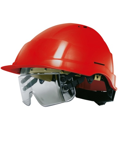 [SINCASIRISROU2] CASQUE CHANTIER IRIS ROUGE A.B.S LUNETTES INTEGREES + SERRAGE CREMAILLERE