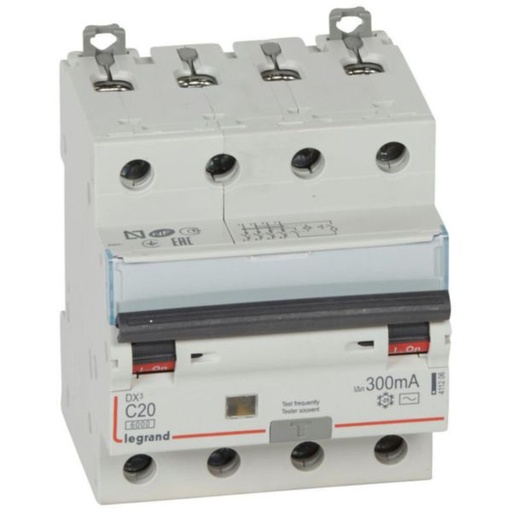 [LEG411206] Disjoncteur différentiel monobloc DX³6000 10kA arrivée haute et départ bas à vis 4P 400V~ - 20A - typeAC 300mA